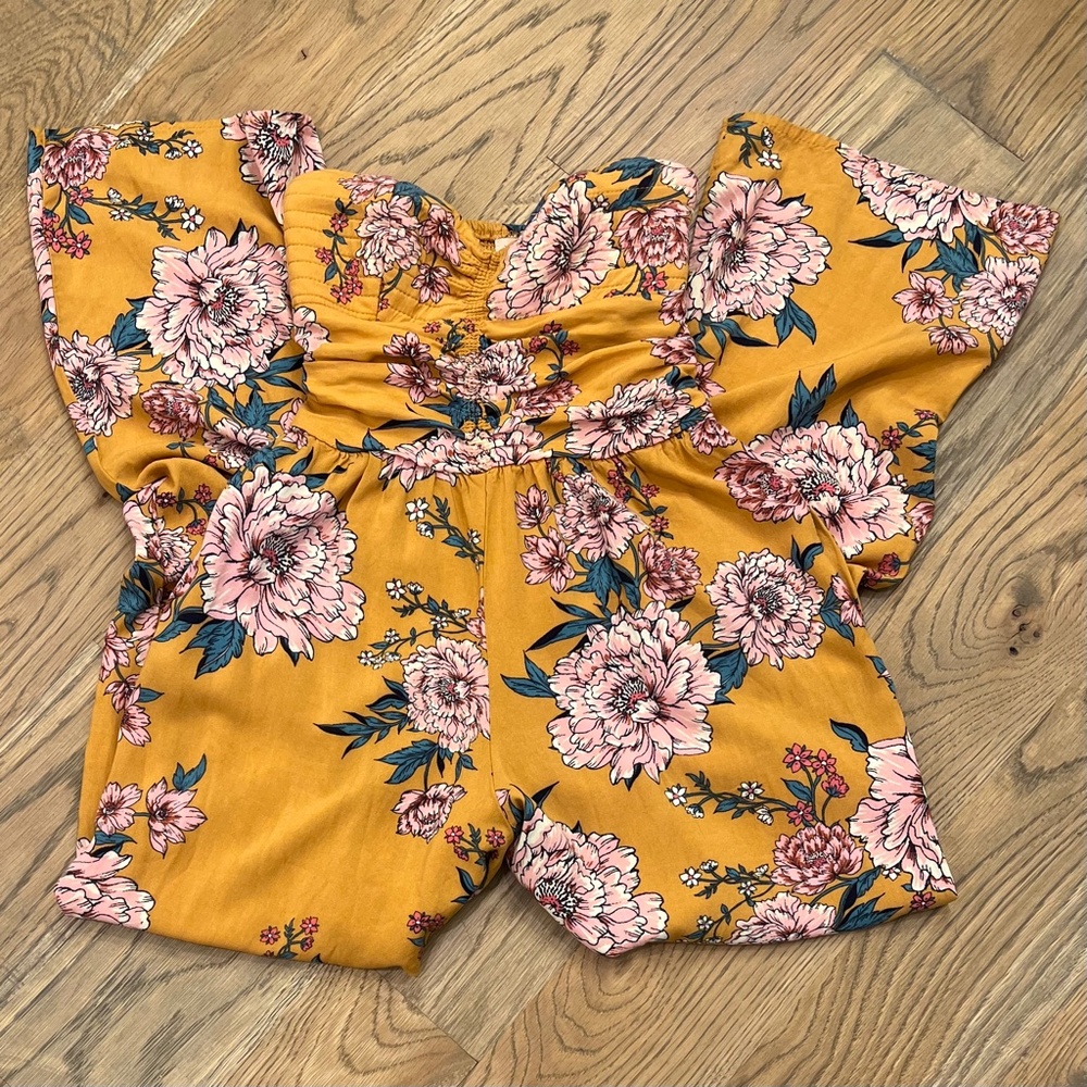 Boho! [band of gypsies] Yellow Pink Teal Floral Strapless Wide Leg Jumpsuit | XS - Picture 3 of 10